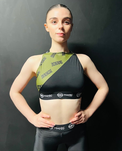 Manic Dance Cross Strap Crop Top Camo Green Panel-Black Small Logo