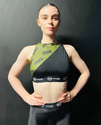 Manic Dance Cross Strap Crop Top Camo Green Panel-Black Small Logo