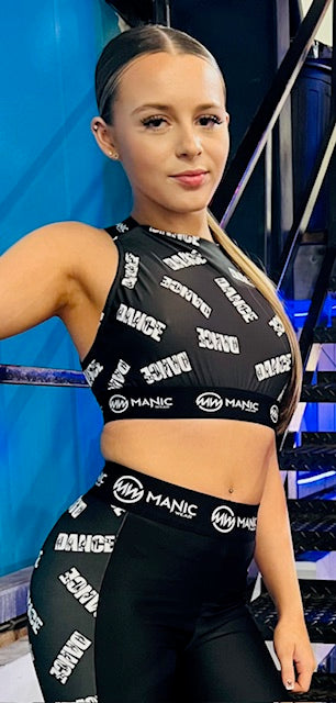 Manic Dance Cross Strap Crop Top Black-White Small Logo