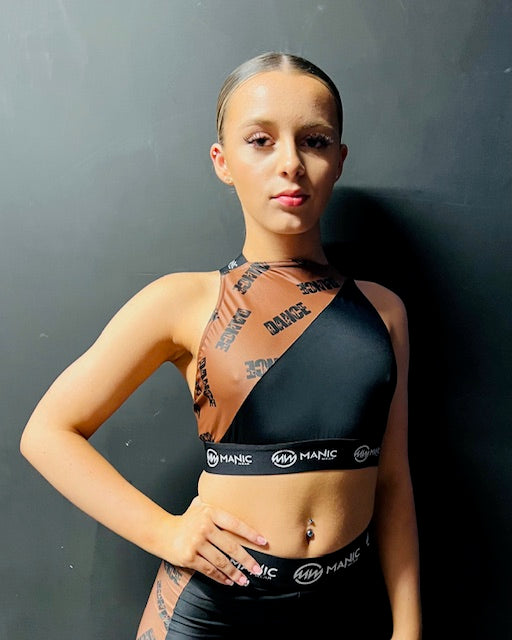 Manic Dance Cross Strap Crop Top Cappuccino Panel-Black Small Logo