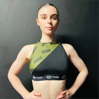Manic Dance Cross Strap Crop Top Camo Green Panel-Black Small Logo