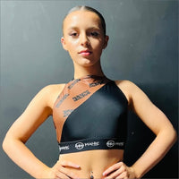 Manic Dance Cross Strap Crop Top Cappuccino Panel-Black Small Logo