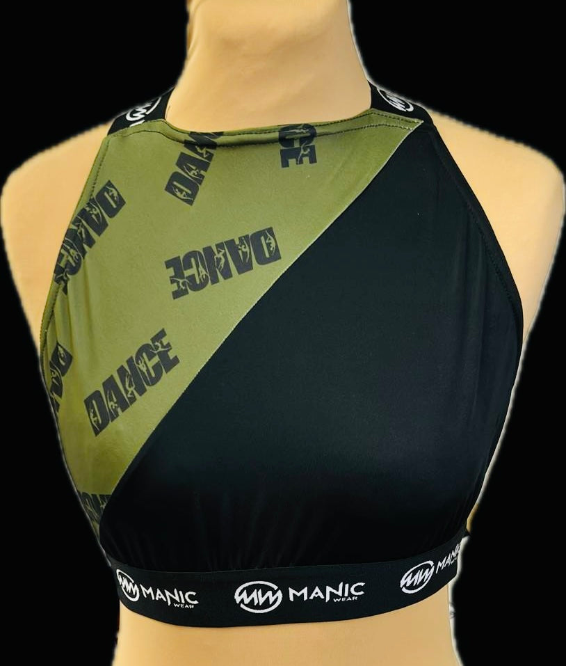 Manic Dance Cross Strap Crop Top Camo Green Panel-Black Small Logo