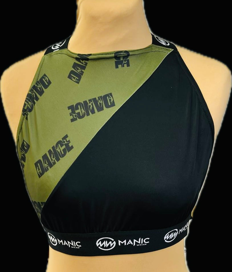 Manic Dance Cross Strap Crop Top Camo Green Panel-Black Small Logo